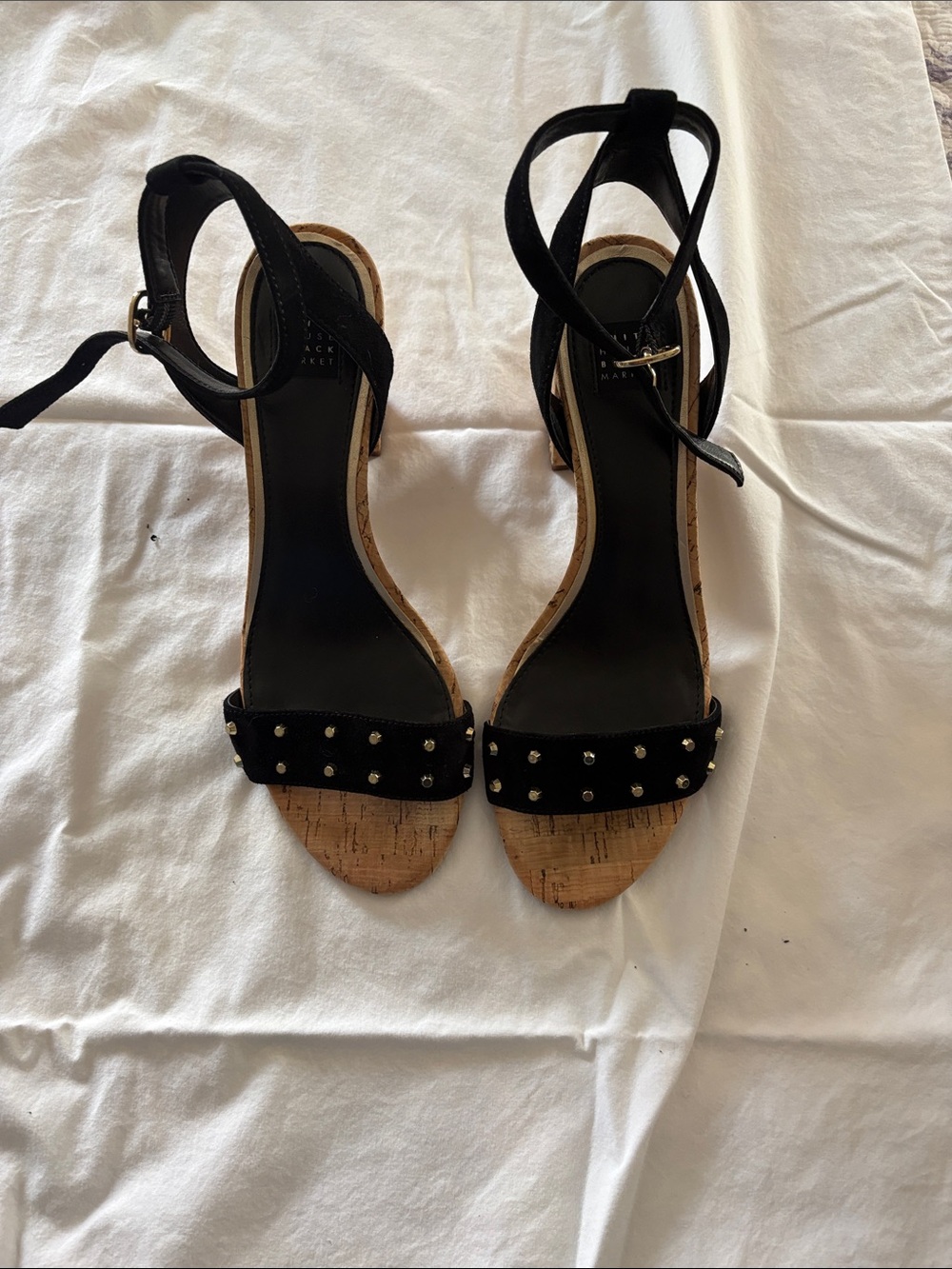 White House Black Market Black Studded Cork Platform Ankle-Strap Sandals
